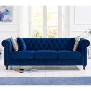 Mentor Chesterfield Plush Fabric 3 Seater Sofa In Blue