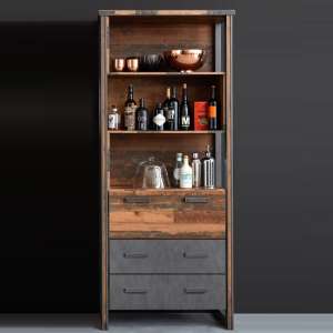 Merano Wooden Bar Cabinet In Old Wood With 3 Open Compartments