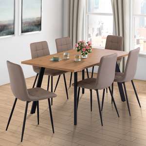 Mercoz Wooden Dining Table In Oak With 6 Virti Taupe Chairs