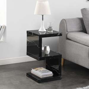 Miami S Shape Black Gloss Side Table In Milano Marble Effect