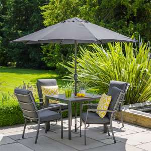 Mertan Outdoor Dining Set With 4 Armchairs And Parasol In Grey
