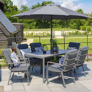 Mertan Outdoor Dining Set With 6 Armchairs And Parasol In Grey