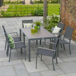 Mertan Outdoor Dining Set With 6 Sling Armchairs In Grey