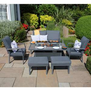 Mertan Outdoor Lounge Set With Gas Firepit Table In Grey