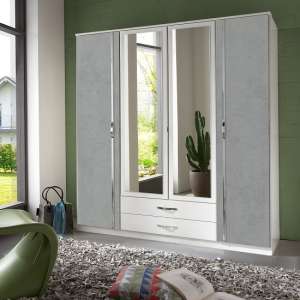 Milden Mirrored Wardrobe Large In White And Concrete Grey