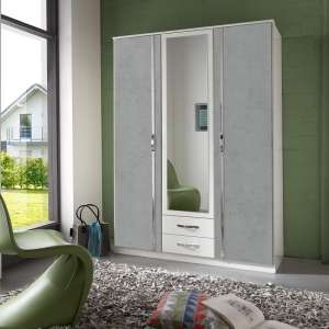 Milden Mirrored Wardrobe In White And Concrete Grey With 3 Doors