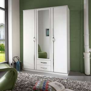 Milden Mirrored Wardrobe In White With 3 Doors And 2 Drawers
