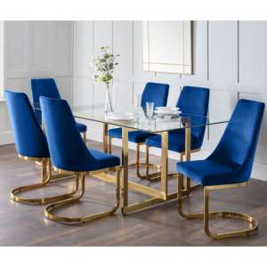 Macarena Clear Glass Dining Table With 6 Vangie Blue Chairs