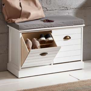 Mirada Wooden Shoe Storage Bench In White With Grey Fabric Seat