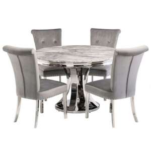 Metzy Round Grey Marble Dining Set With 4 Grey Velvet Chairs