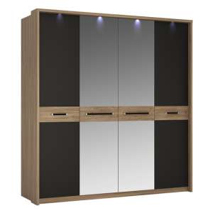 Moneti LED Mirrored 4 Doors Wardrobe In Oak And Matt Black
