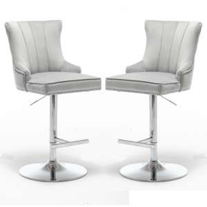 Monten Light Grey Velvet Gas-Lift Bar Chairs In Pair