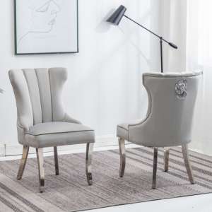 Monten Lion Knocker Light Grey Velvet Dining Chairs In Pair