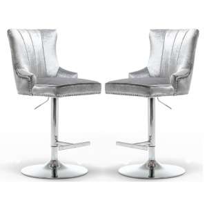 Monten Shimmer Grey Velvet Gas-Lift Bar Chairs In Pair