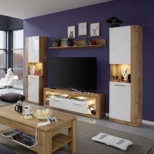 Monza Living Room Set 1 In Wotan Oak Gloss White Fronts LED