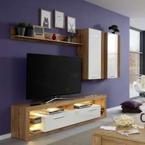 Monza Living Room Set 3 In Wotan Oak Gloss White Fronts LED