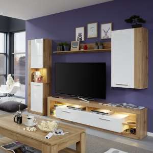 Monza Living Room Set 5 In Wotan Oak Gloss White Fronts LED