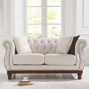Ruskin Chesterfield Linen Fabric 2 Seater Sofa In Ivory