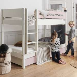 Morden Kids Bunk Bed With Safety Rail And Drawers In Light Rose