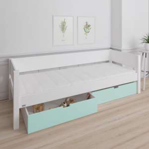 Morden Kids Wooden Day Bed In White With Azur Mint Drawers