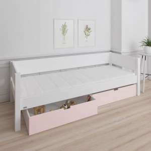 Morden Kids Wooden Day Bed In White With Light Rose Drawers