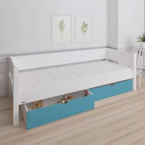 Morden Kids Wooden Day Bed In White With Petroleum Drawers