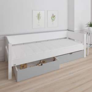 Morden Kids Wooden Day Bed In White With Silver Grey Drawers