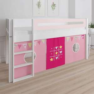 Morden Kids Mid Sleeper Bed In Light Rose With Bunting Curtain