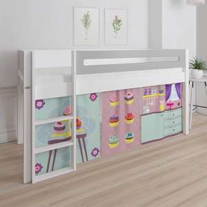 Morden Kids Mid Sleeper Bed In Silver Grey With Cup Cake Curtain