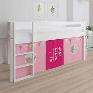 Morden Kids Mid Sleeper Bed In Snow White With Bunting Curtain