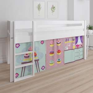 Morden Kids Mid Sleeper Bed In Snow White With Cup Cake Curtain