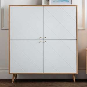 Madra Wooden Highboard In White And Oak Effect With 4 Doors