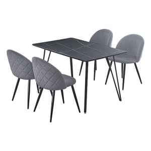 Muirkirk Black Marble Effect Dining Table 4 Grey Velvet Chairs