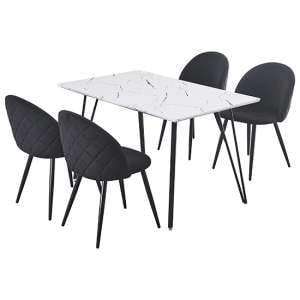 Muirkirk White Marble Effect Dining Table 4 Black Velvet Chairs