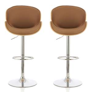 Nacto Beige And Oak Faux Leather Swivel Bar Stools In Pair