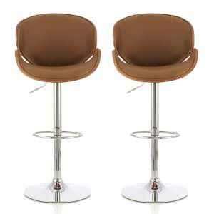 Nacto Beige And Walnut Faux Leather Swivel Bar Stools In Pair