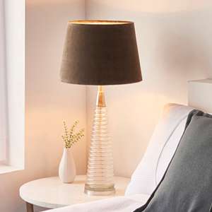 Naia Mocca Velvet Shade Table Lamp In Clear Ribbed Glass