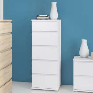 Naira Narrow Wooden Chest Of Drawers In White With 5 Drawers