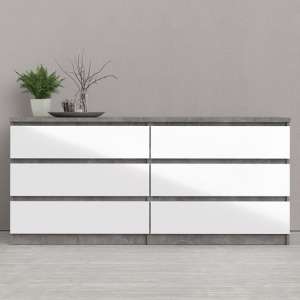 Nakou Wide High Gloss Chest Of 6 Drawers In Concrete And White