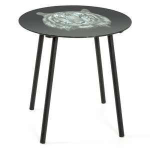 Nampa Round Glass Side Table In Tiger Print