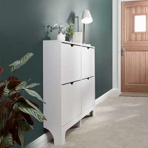 Newquay Wooden Shoe Storage Cabinet In White With 4 Drawers