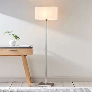 Neiva White Fabric Ractangular Shade Floor Lamp In Matt Nickel