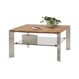 Nelia Wooden Coffee Table In Knotty Oak With Glass Shelf