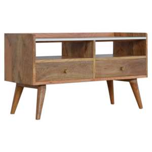 Neligh Wooden TV Stand In Oak Ish With White Marble Top