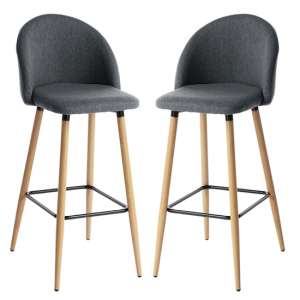 Nesat Grey Fabric Bar Stools With Wooden Legs In Pair