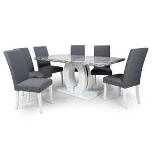 Naiva Large Gloss Dining Table With 6 Linen Steel Grey Chairs
