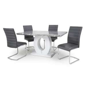 Naiva Gloss Marble Effect Dining Table With 4 Grey Chairs