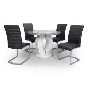 Naiva Round Marble Effect Dining Table With 4 Black Chairs