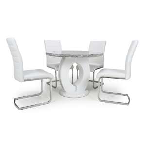 Naiva Round Marble Effect Dining Table With 4 White Chairs