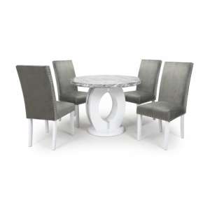 Naiva Round Gloss Effect Dining Table 4 Rabat Grey Chairs
